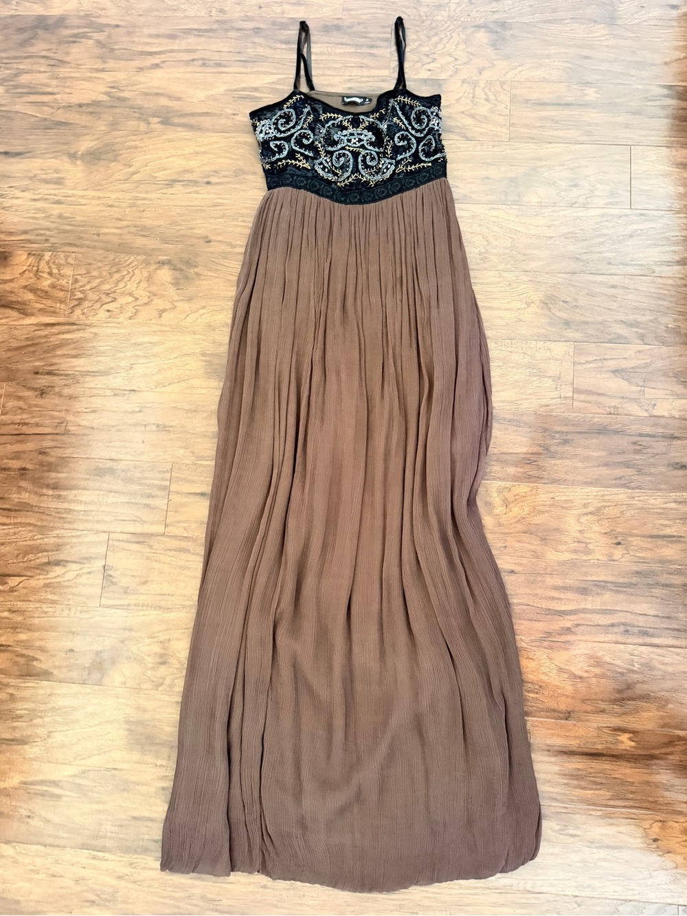 Anthropologie Black Beaded Bodice Brown Pleated Maxi Dress